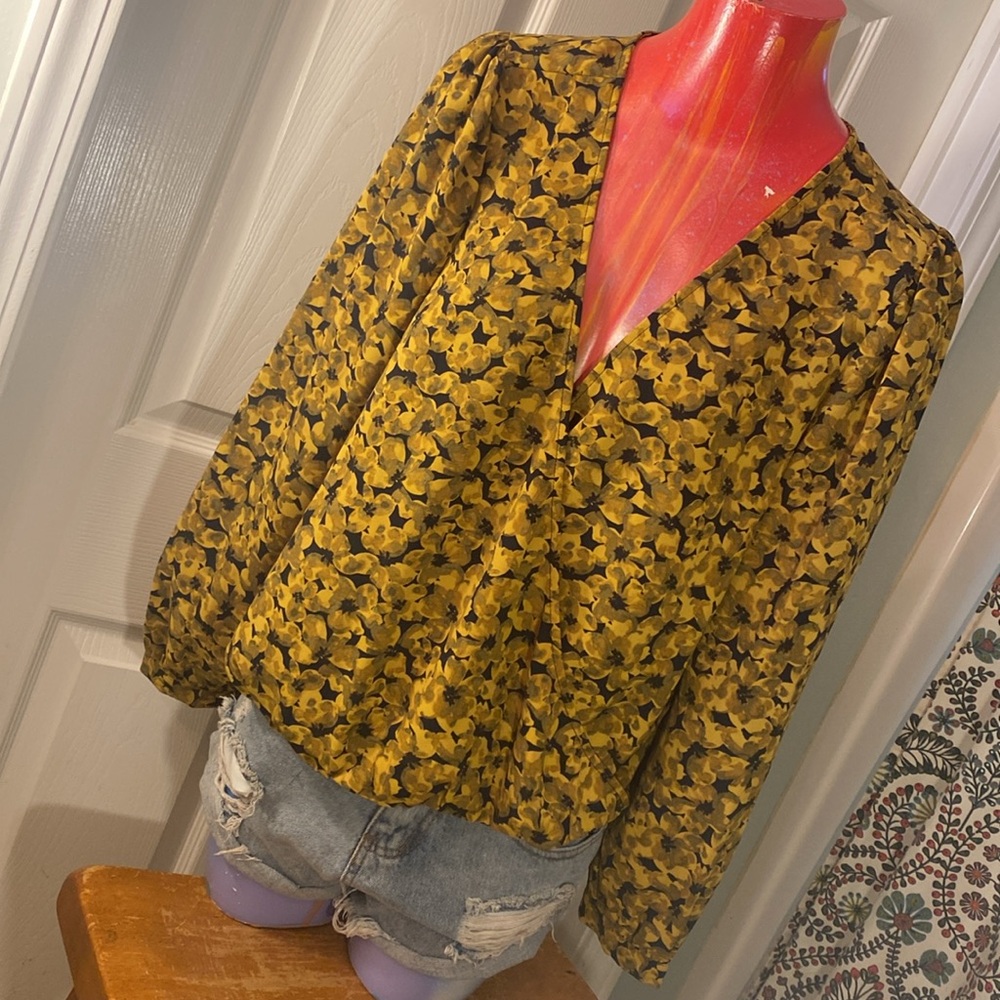 A NEW DAY Yellowish Green Bishop Sleeve Wrap Blouse